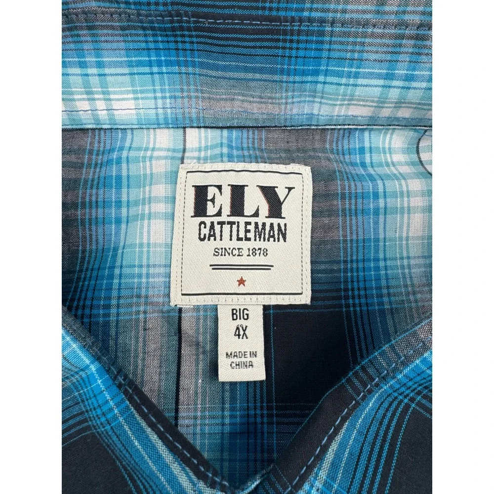 Ely Cattleman Pearl Snap Mens 4XB Blue Plaid Western Long Sleeve Shirt Cowboy
